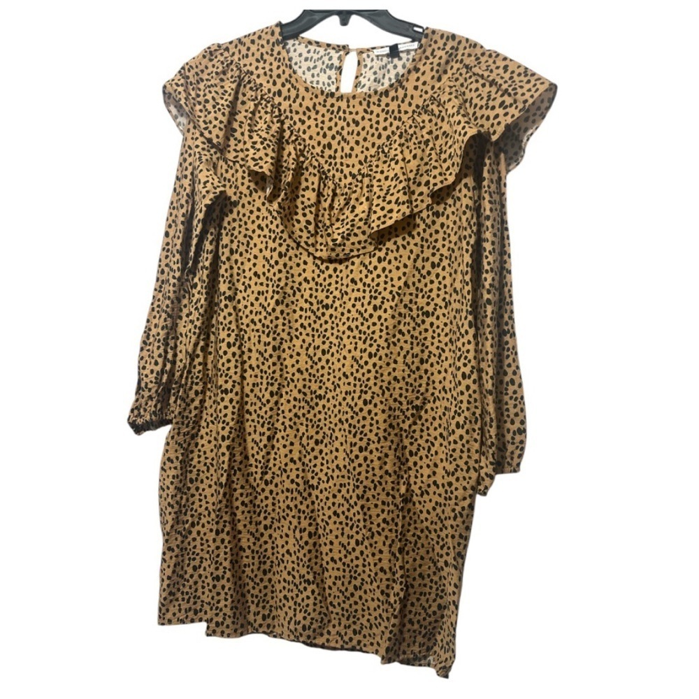 Brown and Black Ruffled Long Sleeve Dress with Bib Collar